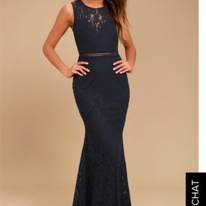Navy blue lace gown.